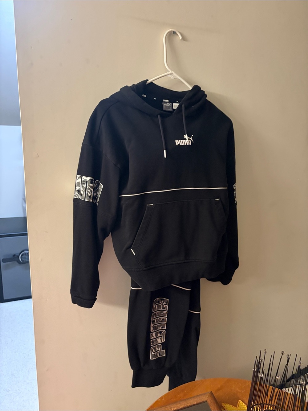 Puma women’s Black Crewneck Hoodie with White Logo Accents with matching pants